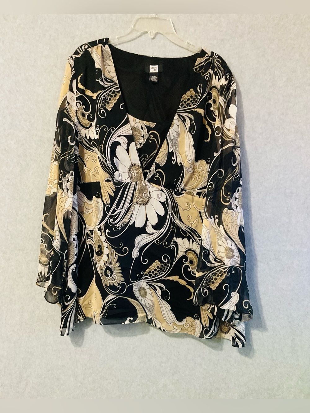 Studio 1940 Black & Gold Floral V-Neck Women's Blouse Sz 26/28